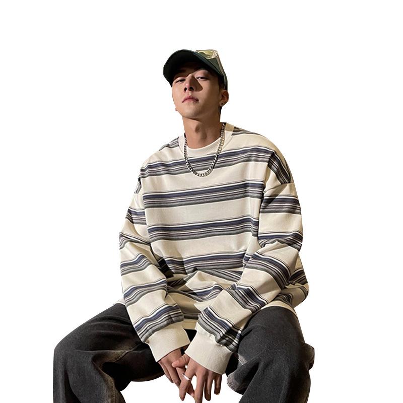 Мужской модный пуловер в полоску с цветными блоками - повседневная толстовка свободного кроя с круглым вырезом для весны и осени.