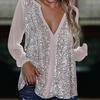 Women Fall Spring Shirt V Neck Shiny Sequin Long Sleeve Loose Pullover Soft Breathable Mid Length Solid Color Lady Performance Party Blouse Top