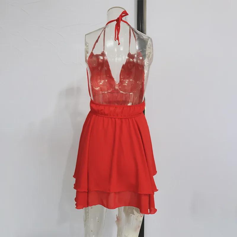 Европейское и американское летнее женское однотонное шифоновое платье с халтером и оборками - Сексуальный облегающий дизайн без спинки