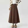 Khaki Elastic Waist Corduroy A-Line Midi Skirt for Women - Spring/Summer, Slimming Petite Umbrella Pleats