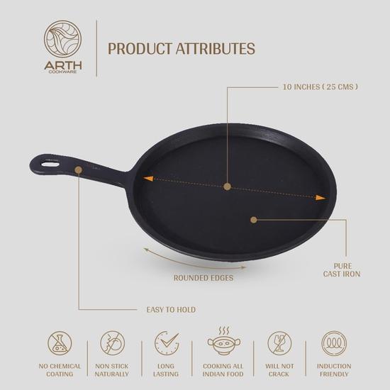 Arth 11-Inch Cast Iron Dosa/Chapatti Tawa with Handle, Pre-Seasoned