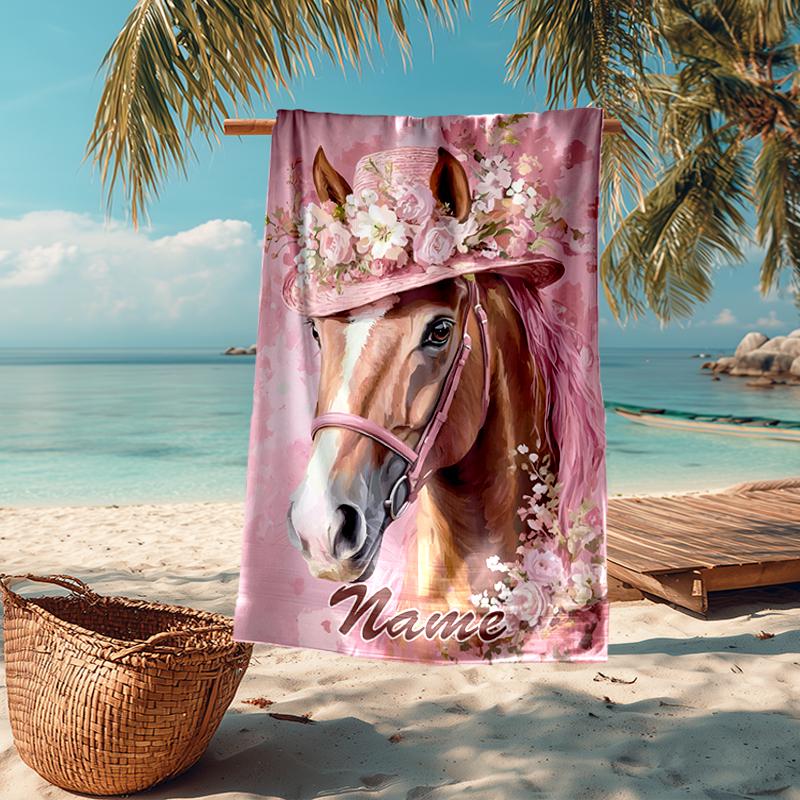 Custom Name Ultra-Soft Beach Towel with Horse Theme,Ideal for Pool - Camping, Diving - Perfect Travel Essential, Vibrant Beach Towel.