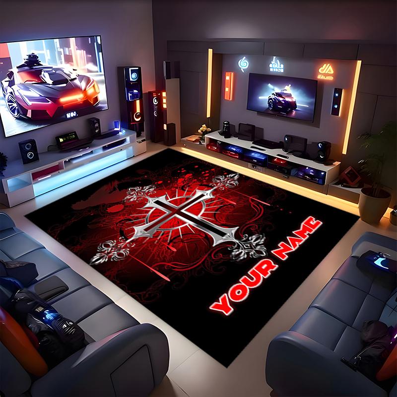 1PC Custom Name Elegant Gothic Cross Theme Floor Mat Ideal for Living Room, Game Rooms, Office, Bedroom,Floor Mat Playful Design