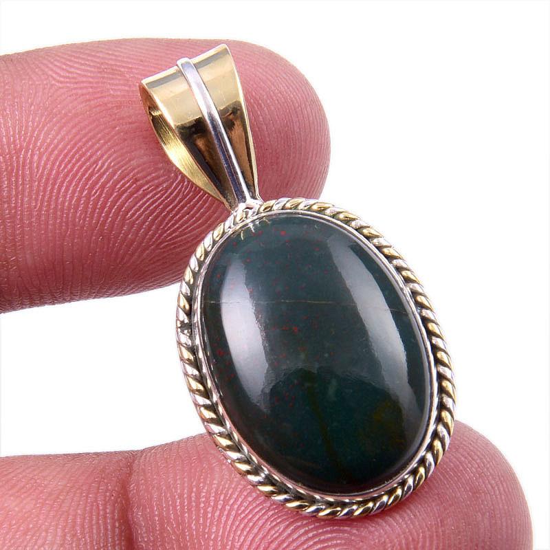 Natural Bloodstone Gemstone 925 Solid Sterling Silver TwoTone Pendant 1.25" W1w59