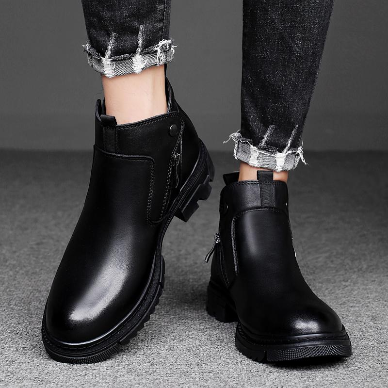 Мужские повседневные кроссовки из натуральной кожи на шнуровке, уличные ботинки, теплые плюшевые зимние ботинки для мужчин, боковая молния, новые мотоциклетные ботинки