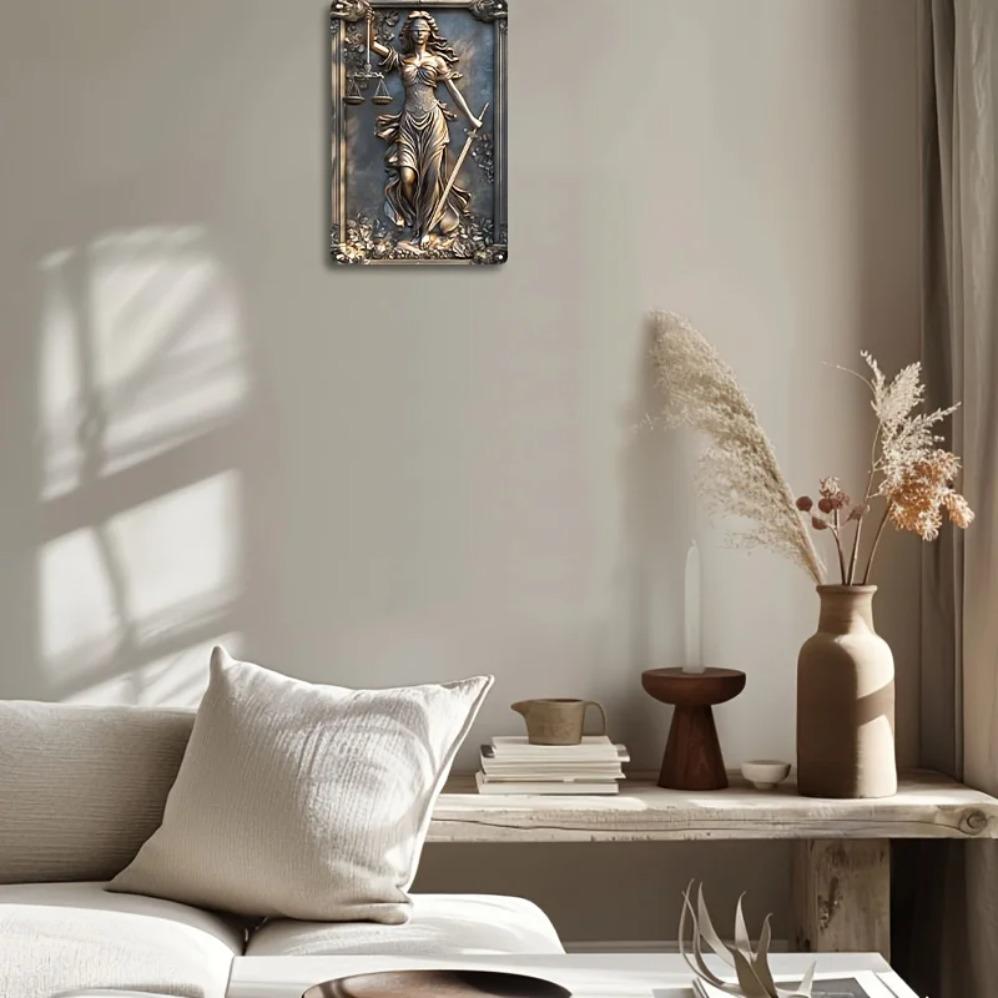 Винтажное алюминиевое настенное украшение: Дизайн Богини Правосудия с Весами Правосудия - Декоративная Металлическая Табличка для Бара, Гостиной