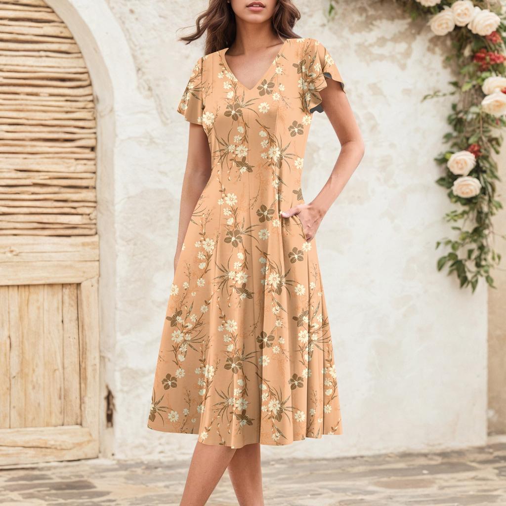 Женское летнее модное элегантное платье миди в стиле ретро с V-образным вырезом и оборками на рукавах