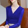 Новая яркая шелковая сетчатая футболка женская с длинными рукавами рубашка весна-осень бант на талии V-образный вырез пуловеры топ
