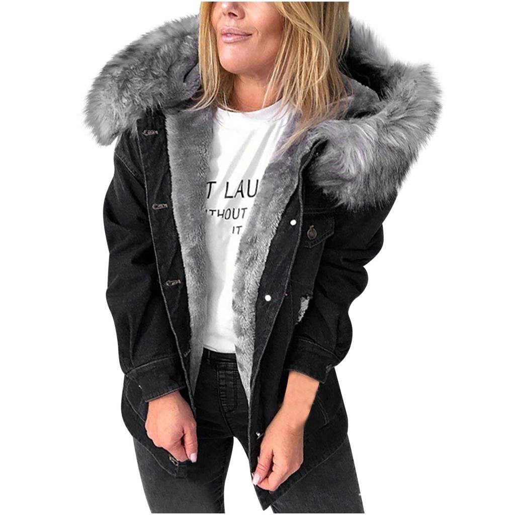 Women's Fashion Loose Denim Buttons Cotton Long Sleeve Plus Fleece Jacket