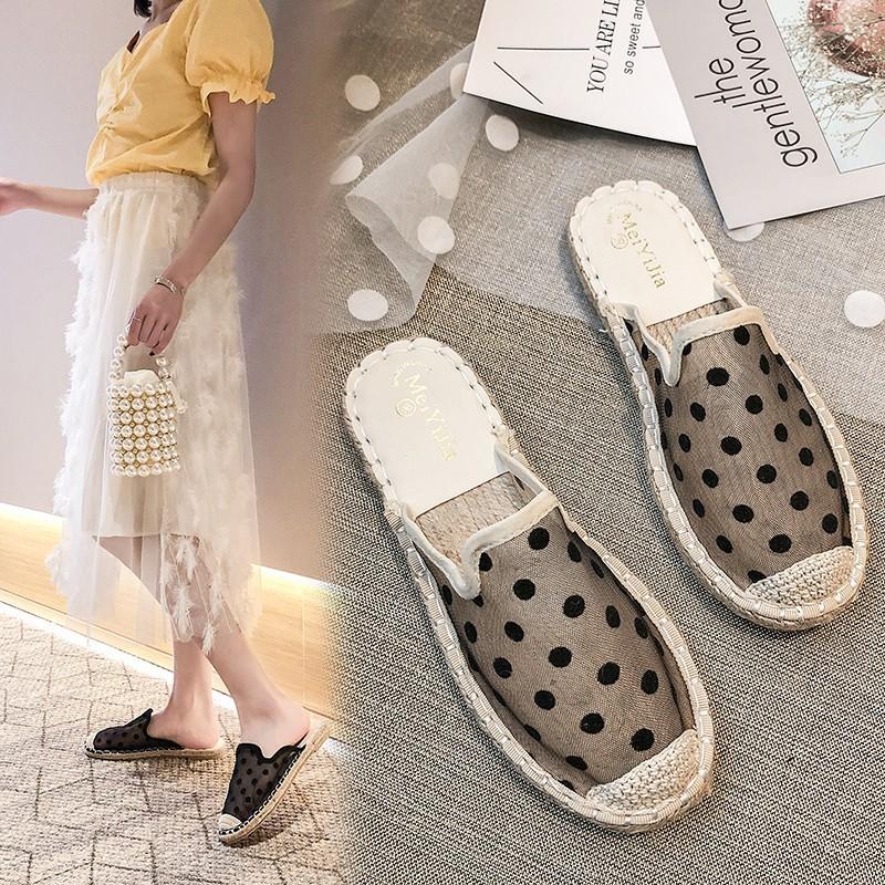Новые женские повседневные туфли для рыбалки, женские туфли на сухожильных подошвах, плоская подошва, соломенная плетеная пеньковая веревка, сетка в горошек Baotou Half Drag456