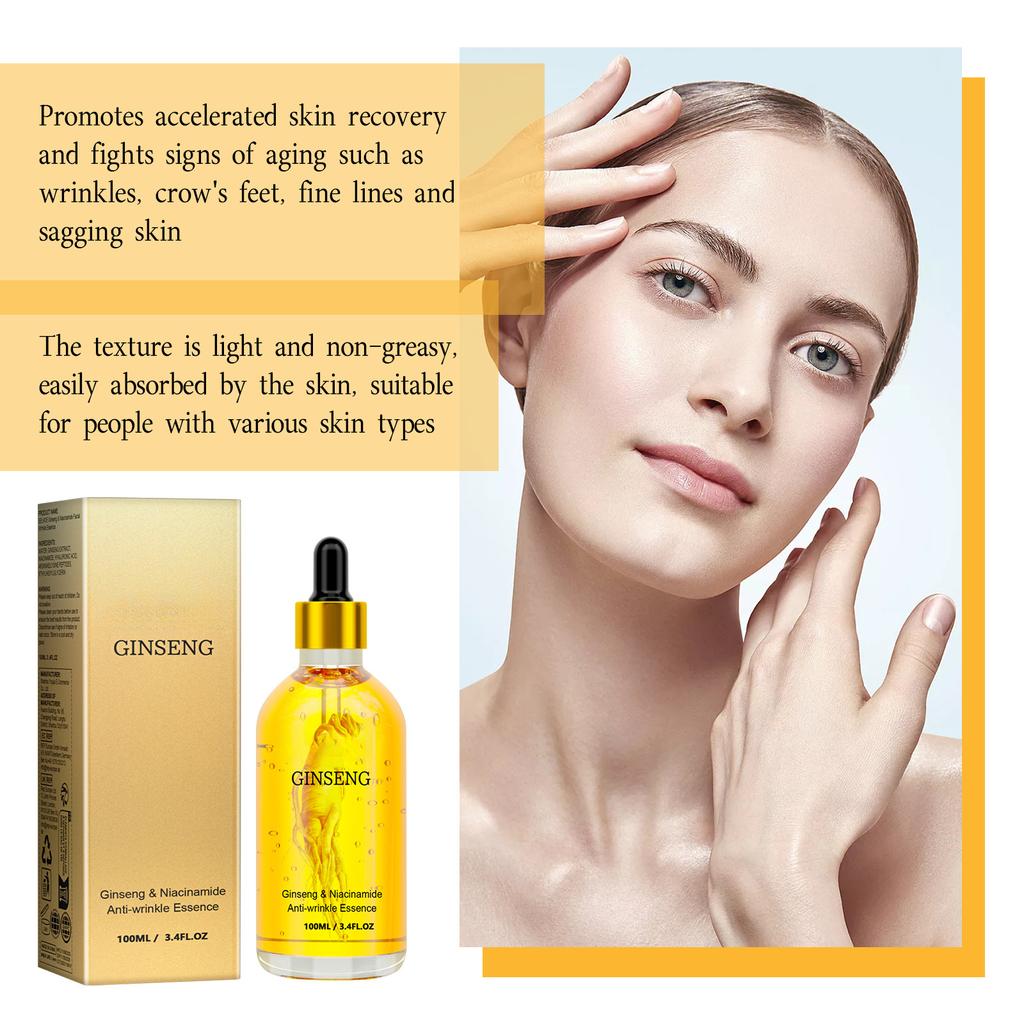 Золотая сыворотка с женьшенем Антивозрастная Лифтинг Укрепляющая Уменьшение мелких морщин Осветление пигментных пятен Гиалуроновая кислота Никотинамид Эссенция для лица