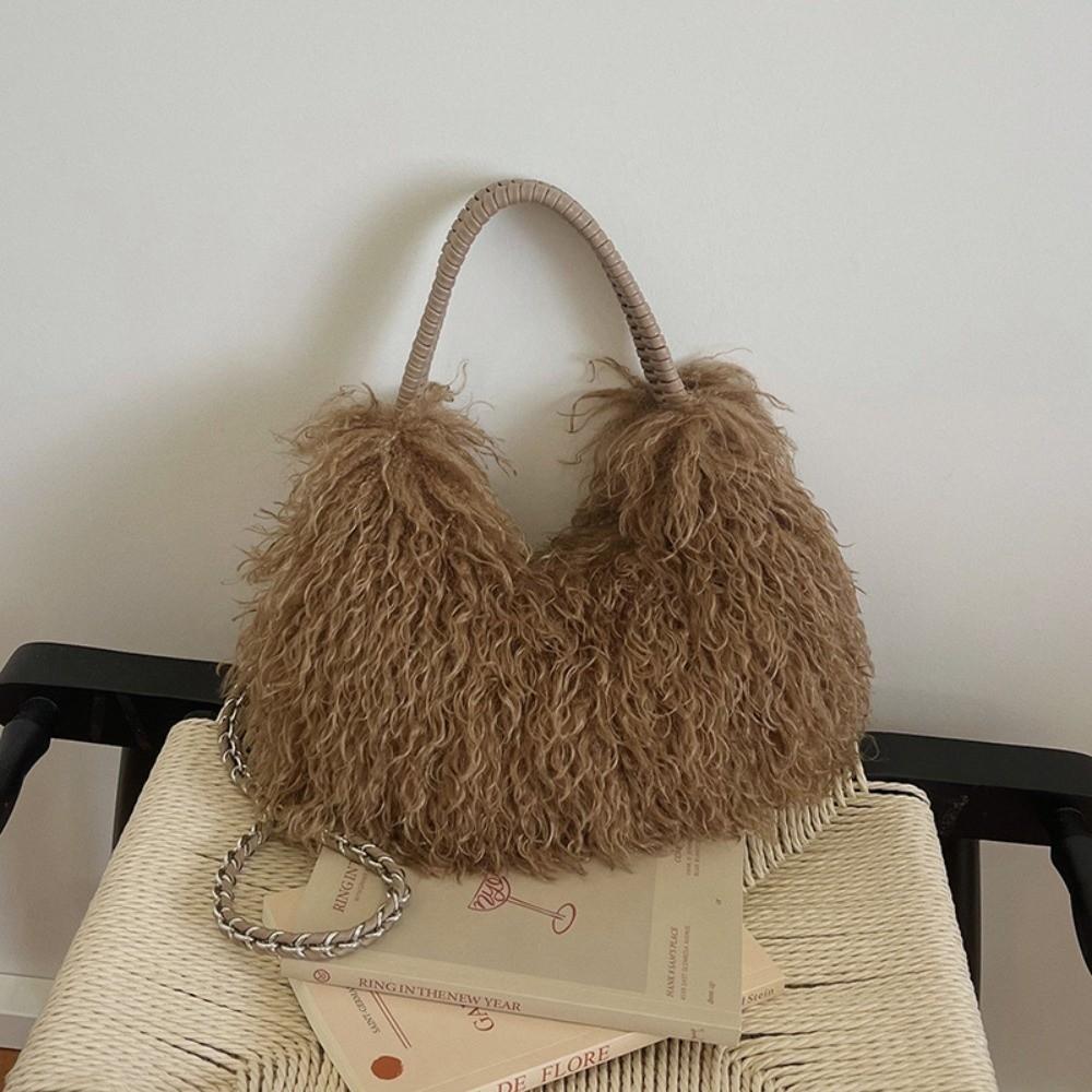 Woven Handle Shoulder Bag Metal Chain Handbag Casual Curly Faux Fur Crossbody Bag Winter