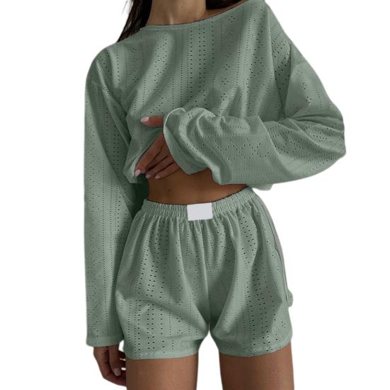 2 шт./компл., женский топ, шорты, наряд с открытой эластичной резинкой на талии, свободные, с длинными рукавами и круглым вырезом, тонкие однотонные дышащие мягкие домашние футболки, комплект с шортами