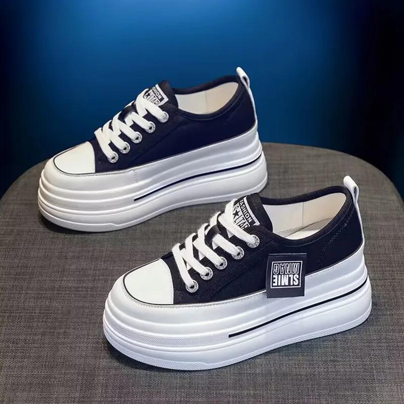 Повседневная парусиновая обувь Новая женская однотонная на толстой подошве Спортивная танкетка Увеличивающая рост Дышащая Вулканизированная Женская