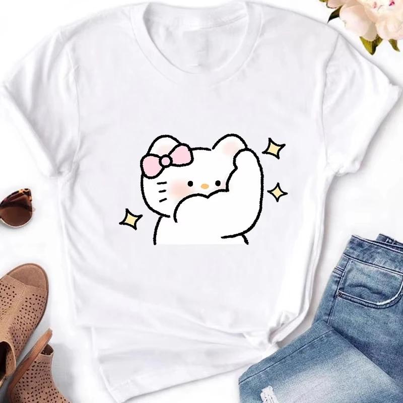 Мышечные Sanrioes Женская футболка Аниме HelloKitties Cinnamon Kuromis Веселая модель Мультяшная одежда Повседневная хлопковая футболка для пар