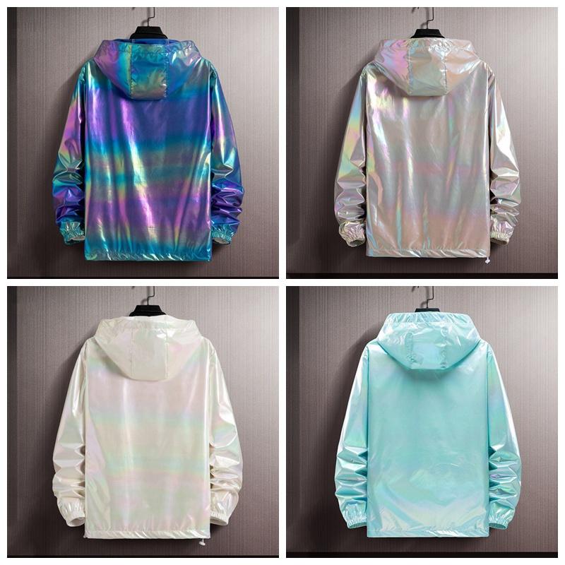 Unisex Shiny Jacket Laser Hooded Coat Iridescent Holographic Harajuku Sun Protect Top Plus Size