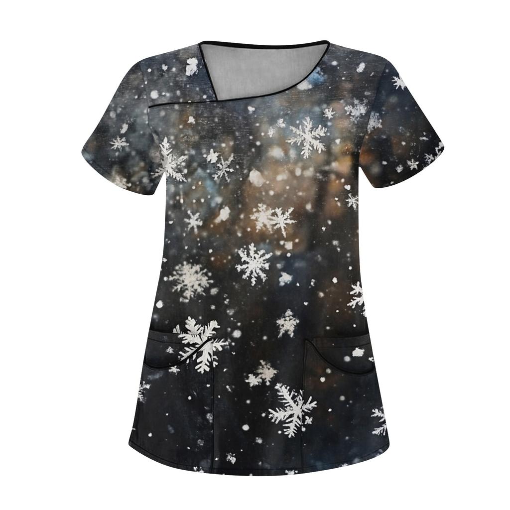 Женская рабочая одежда с рождественским принтом, покатый воротник и двухслойные карманы, базовый пуловер сверху