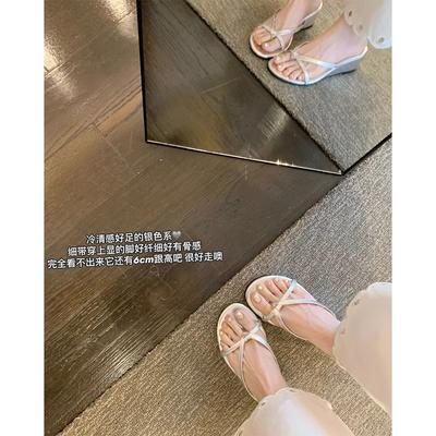 Кожаный 6-сантиметровый танкетка с тонким ремешком на пальце, толстоподошвенные шлепанцы, женские сандалии для улицы