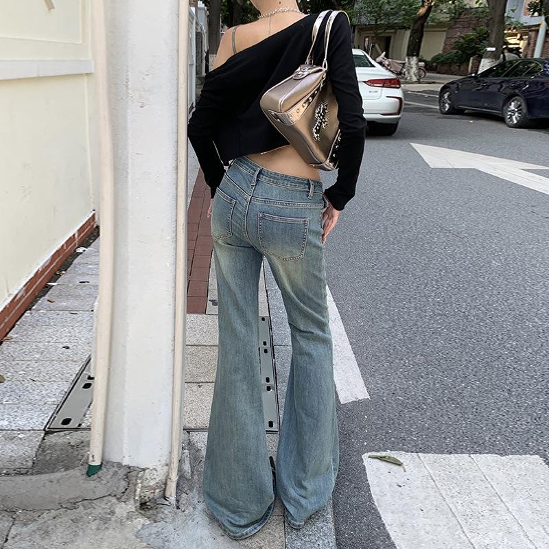 American retro nostalgic blue micro-pull jeans women's autumn new low-rise thin flared floor pants