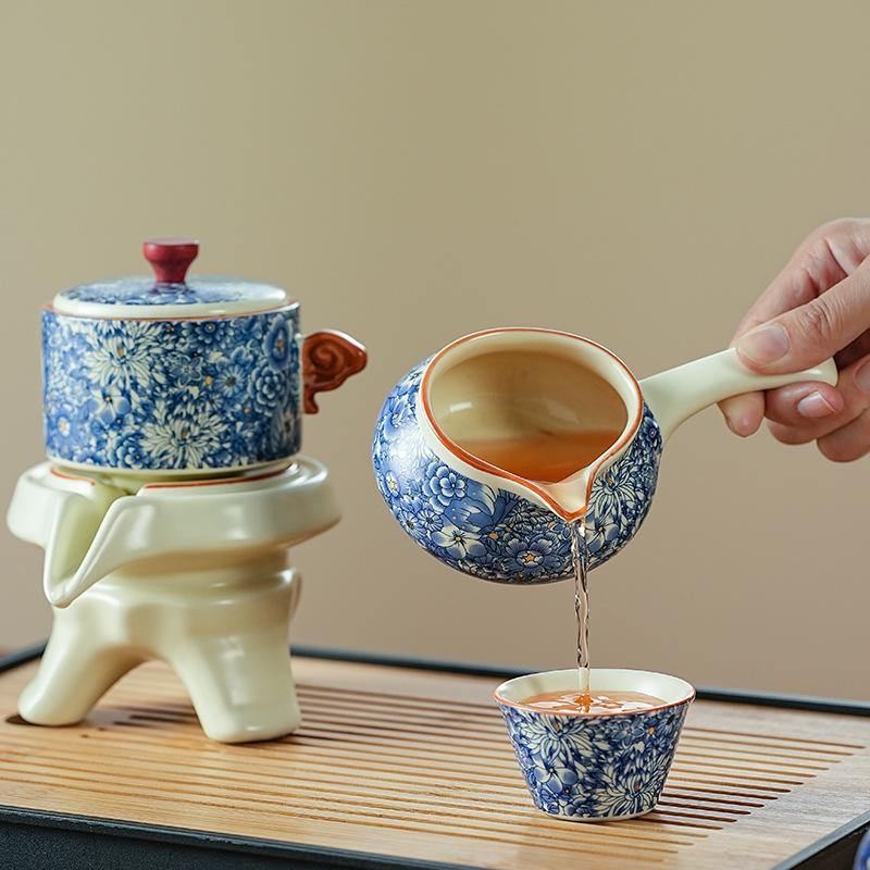 House Relocation, New Home, Business Holiday Gifts, Ru Kiln Kung Fu Tea Set, Luxury Flowers, High-end Lazy Automatic Tea Making Artifact