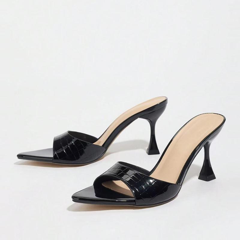 Summer 8CM Kitten Heels Slippers For Women Cozy Patent Leather Pointed Toe Slides Shoes Party Prom Mules Sandals Size 43