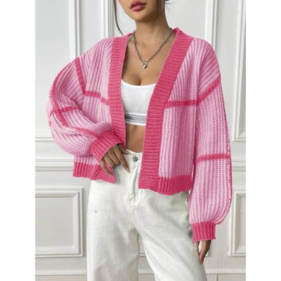 Женский осенне-зимний кардиган в стиле пэчворк с контрастными цветами, короткий повседневный свободный свитер