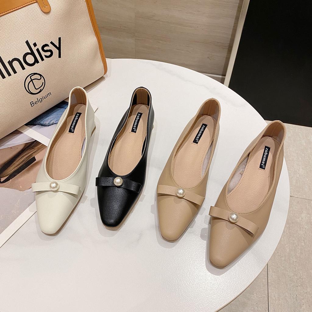 Thick Heel Professional Shoes Women New Korean Style Bowknot Pearl Shoes Women