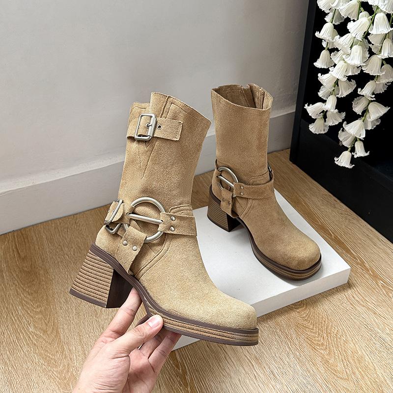 Three-buckle version retro short locomotive Martin boots 2025 autumn belt buckle thick heel heightening short boots autumn and winter women