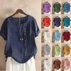 Women's Fashion Casual Temperament Round Neck Vintage Cotton And Hemp Solid Button Short Sleeve T-Shirt Top