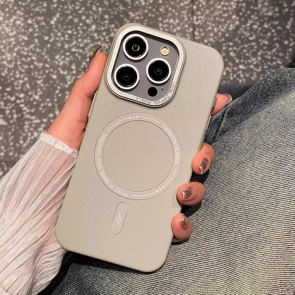 Magnetic Suction Suitable for Iphone16promax Leather Pattern Mobile Phone Case Apple 15 Metal Lens 14 Advanced Sense Protection Case