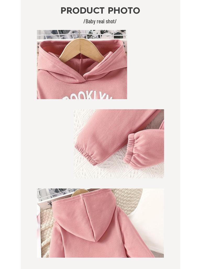 Girls' Pink Three-Piece Autumn Set: Hooded Sweatshirt, Turtleneck Vest, Bottoming Shirt, Trousers