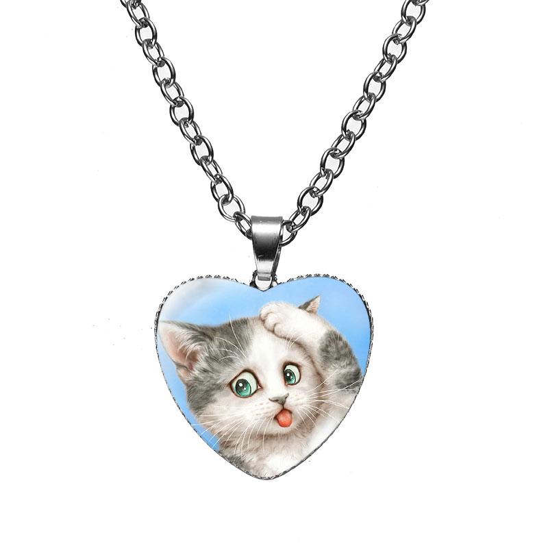 Женская мода милый питомец котенок стеклянный кабошон сердце форма ожерелье кулон ожерелье ювелирные изделия аксессуары подарки