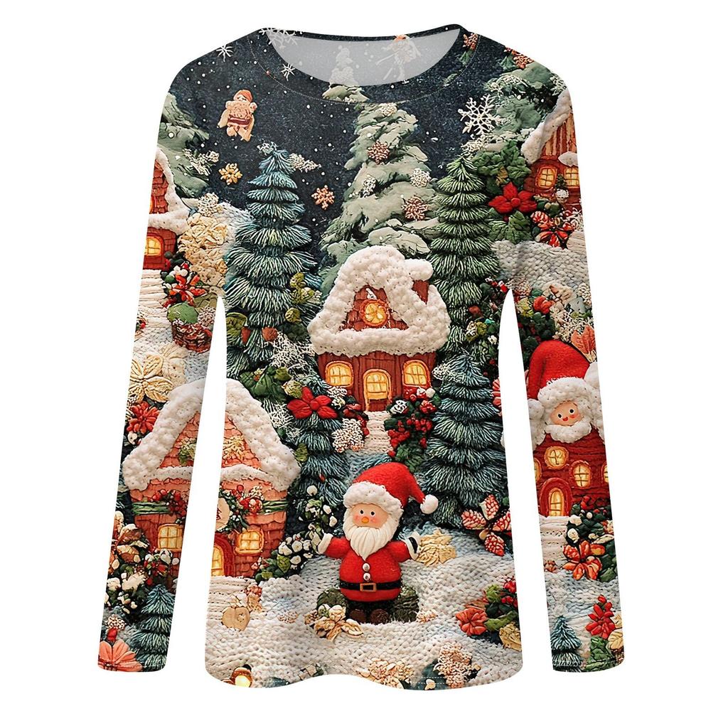 Женская мода повседневный рождественский принт круглый вырез длинный рукав пуловер топ