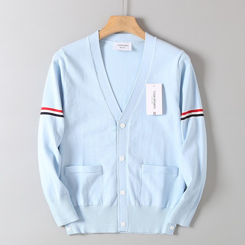 Trendy Brand Couple Style Four-Stripe V-Neck Knit Sweater with Ribbed Design, Long-Sleeve Base Shirt for Spring and Autumn