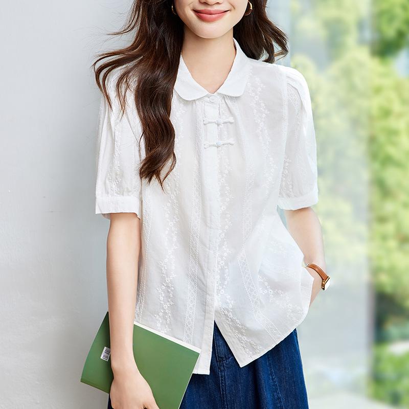 Women's Apricot Embroidered Long-Sleeve Cotton Shirt