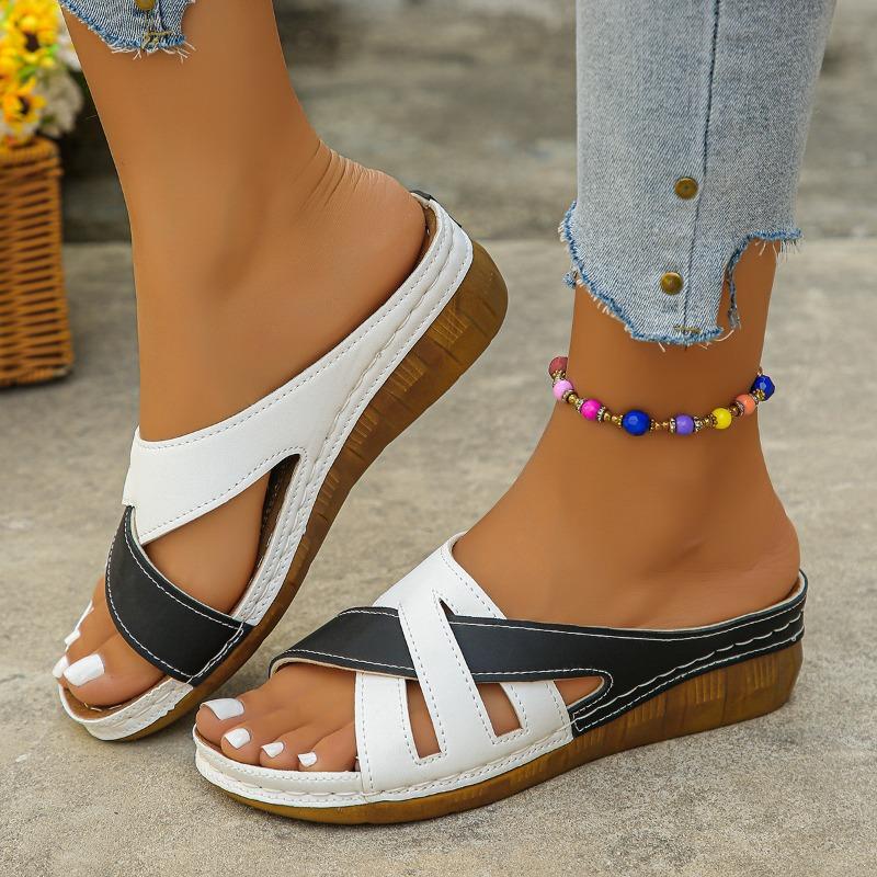 New Women's One-Strap Sandals Versatile Color-Block Fish-Mouth Thick-Soled Wedge Slippers