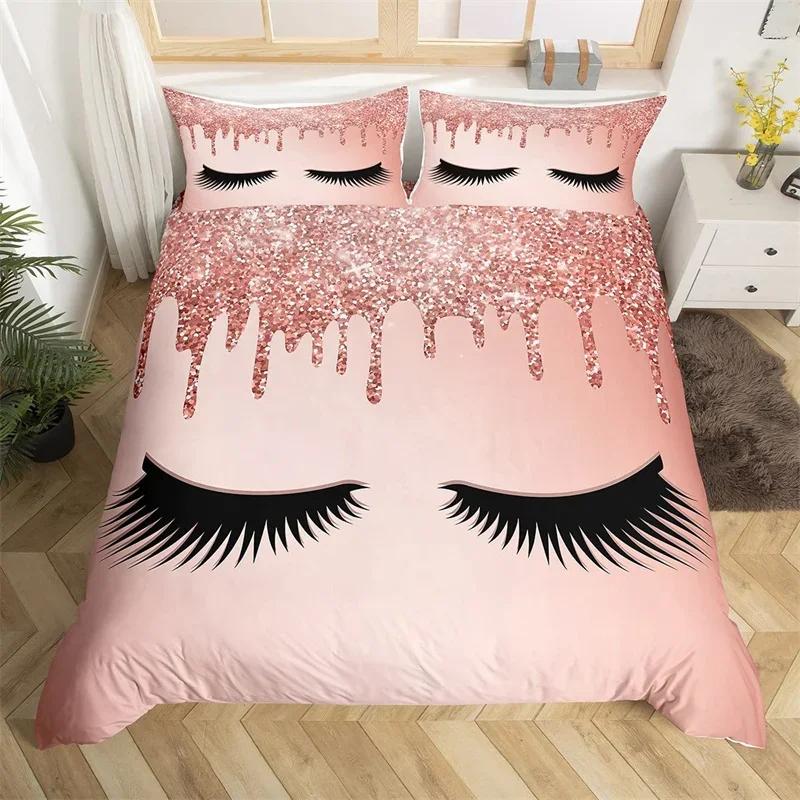 Eyelash Duvet Cover Set Eyes Pattern Design Comforter Cover Microfiber Girly Priness Style Glitter Twin King Queen Bedding Set