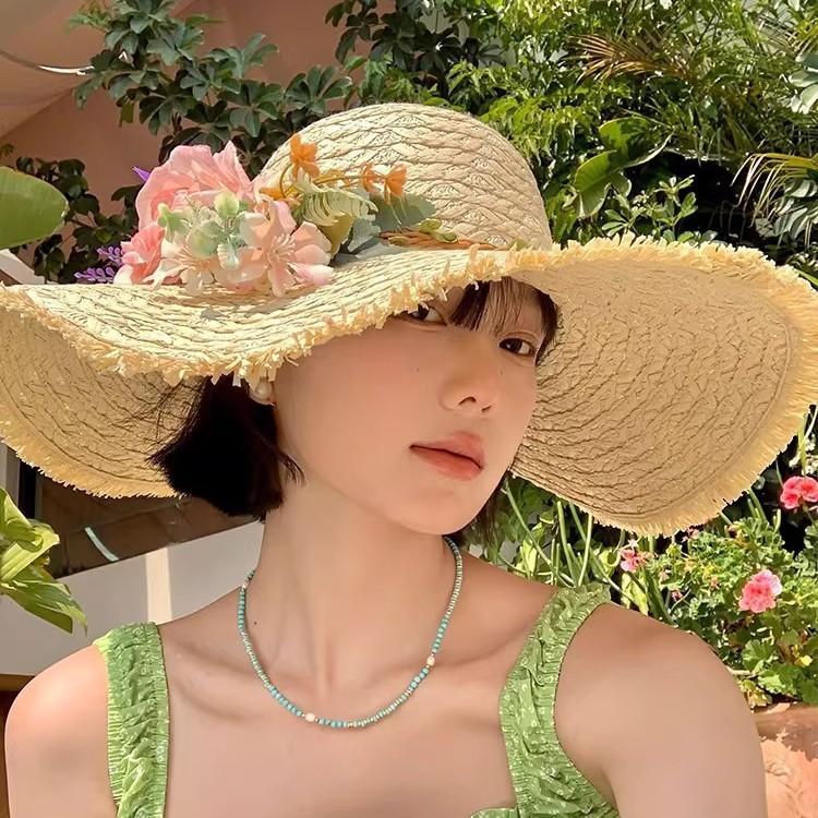 New French flower imitation Lafite straw hat women's seaside beach vacation style big brim sunshade sun hat