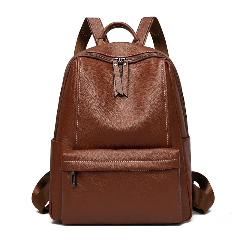 Soft Genuine Leather Feminine Large Casual Versatile Cowhide Shoulder Bags School Backpack Travel Multi-pockets