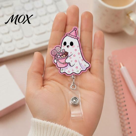 Smooth Retractable Cord Reel Halloween Ghost Badge Reel, Glitter Acrylic Holder Clip, Cute Pink Clear ID Name for Women Nurse Teacher Medical