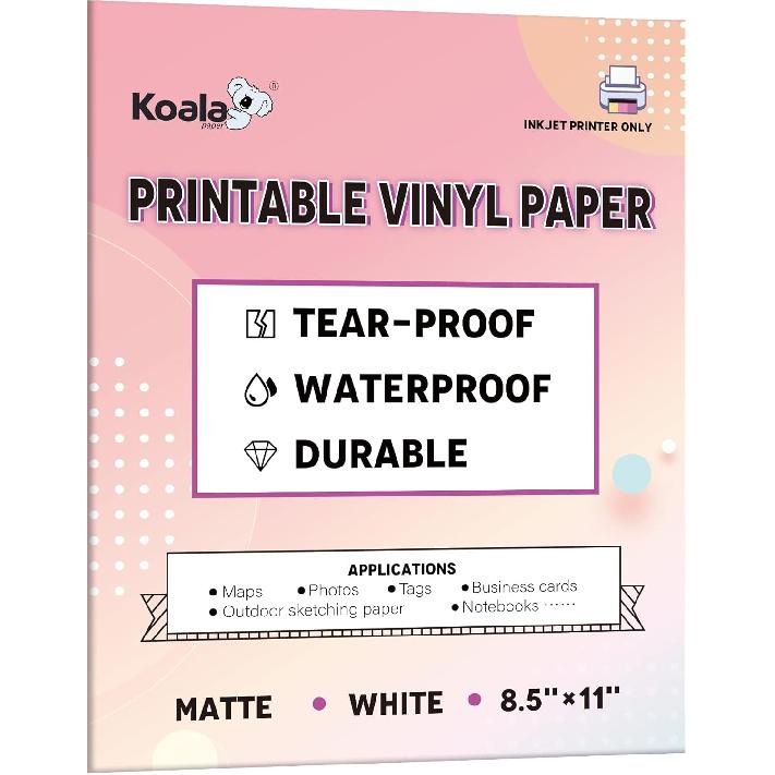 KOALA PAPER Водонепроницаемая бумага для струйного принтера, 8,5x11 дюймов, 30 листов, Матовая белая, Устойчивая к разрывам, Печатаемая, Прочная и быстросохнущая
