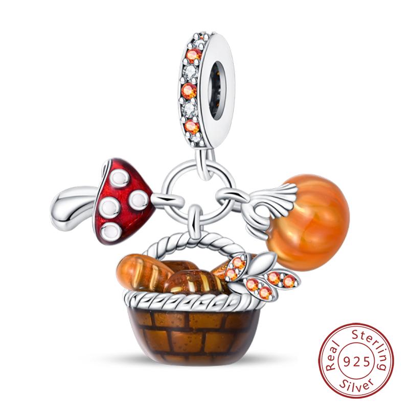 100% 925 Silver Autumn Harvest Series Brown Music Squirrel Scarecrow Pumpkin Maple Leaves Charms Beads DIY Jewelry Gift