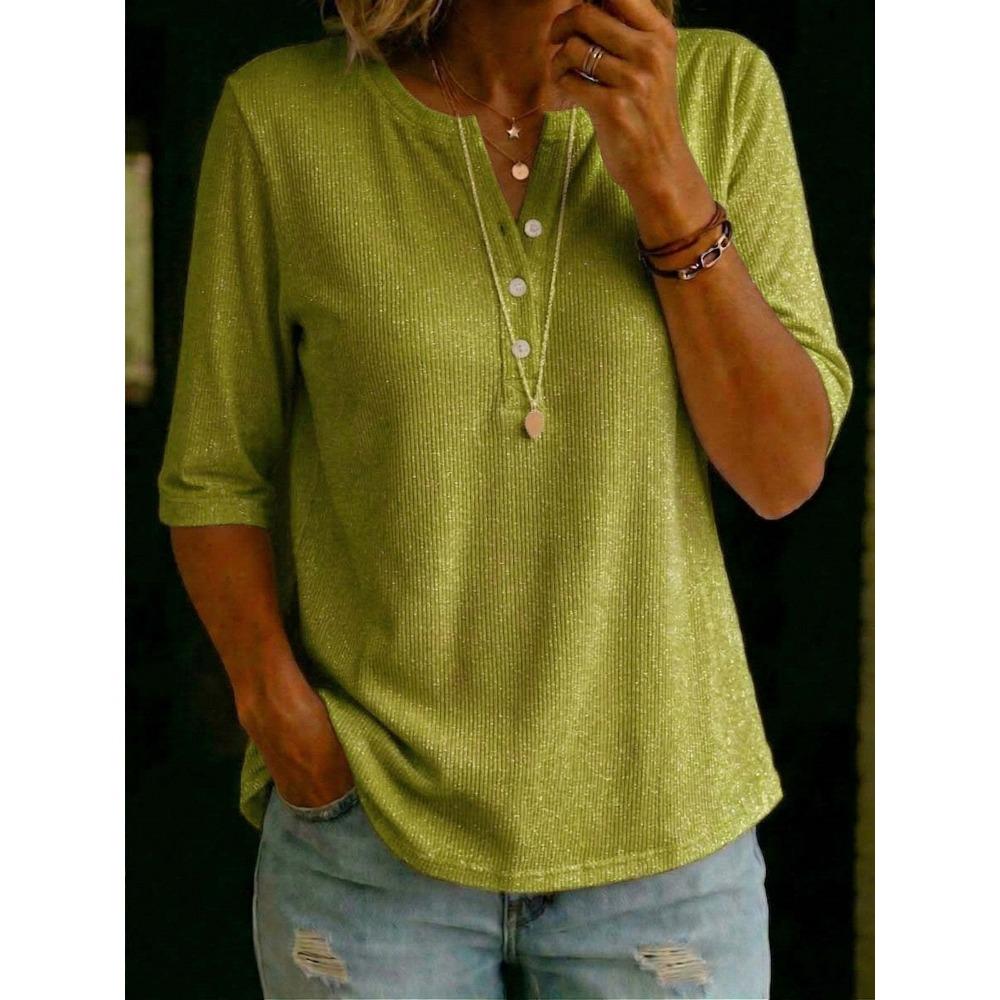 Женская рубашка-henley с V-образным вырезом, рукавом три четверти, свободная, повседневная блузка