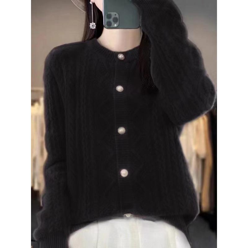 Весенний круглый вырез жакет с закруткой длинный рукав воротник стойка однотонный вязаный кардиган
