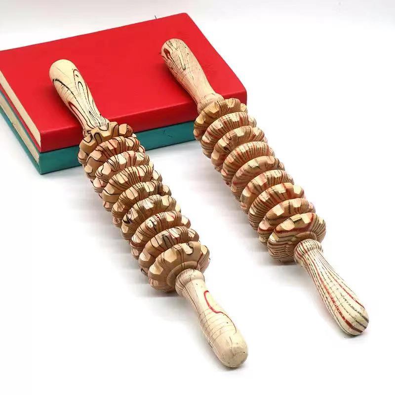 Solid Wood Curved Handle Roller Massager for Cervical, Back, Waist, and Full Body Muscle Relaxation