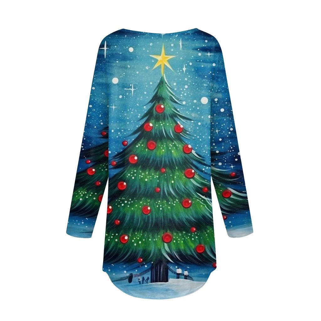 Женская свободная футболка с круглым вырезом и рождественским принтом, длинный рукав, пуловер, толстовка с длинными рукавами