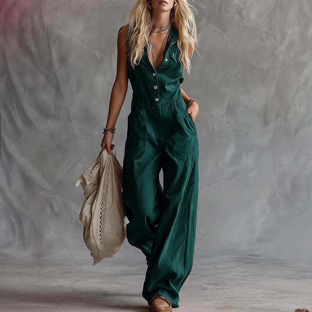 Женский модный комбинезон с V-образным вырезом и завышенной талией, брюки широкого кроя