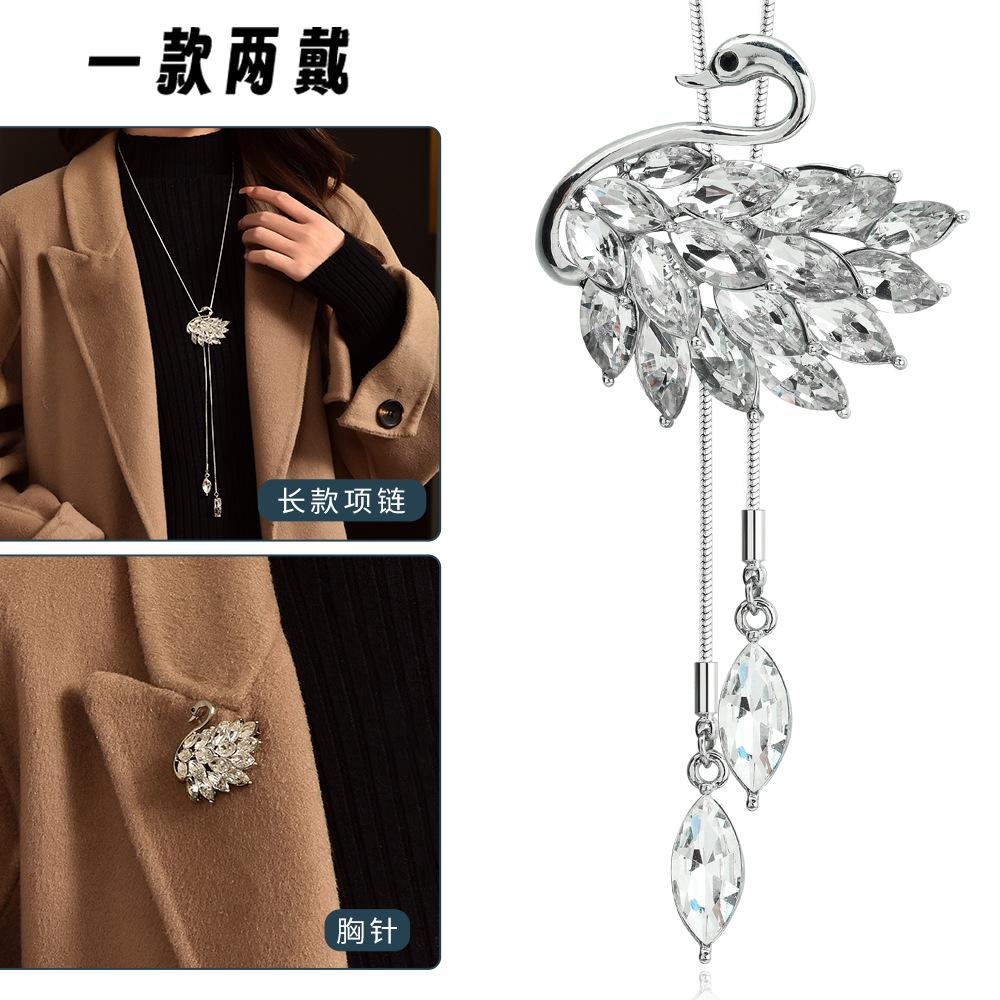 Suijue Pearl Sweater Chain Two Wear Crystal Flower Long Necklace Titanium Steel National Style Two Wear Function