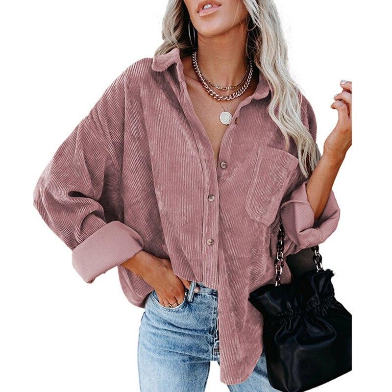 Хлопковая Повседневная вельветовая блузка женская в полоску размера плюс женская рубашка-куртка винтажная пуговица с карманом свободные модные блузки топы 17787