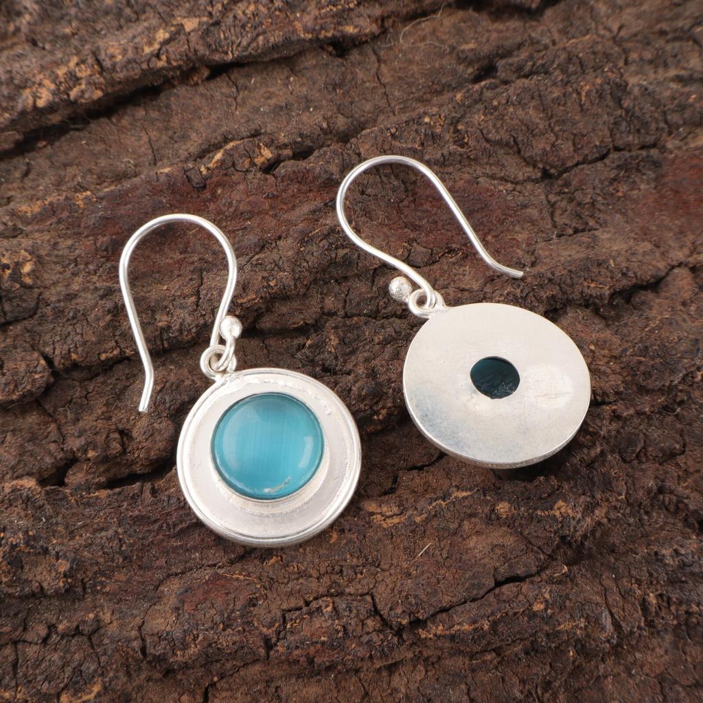 Blue Cat's Eye 925 Fine Silver Gemstone Jewelry Handmade Earrings 1.40" For Mom EE-4-48